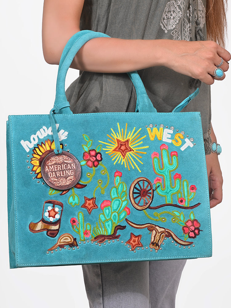 American Darling Women's Turquoise Western Tote Bag with Colorful Desert Embroidery Sunflower