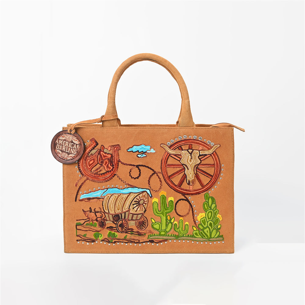 American Darling Women's Tan Western Embroidered Suede Tote Bag with Covered Wagon Desert Artwork Boutique Handbag