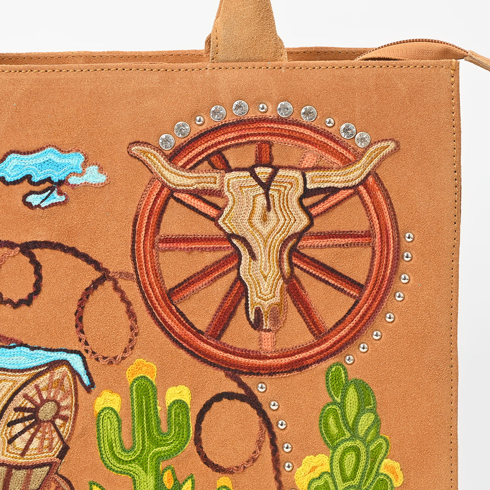 American Darling Women's Tan Western Embroidered Suede Tote Bag with Covered Wagon Desert Artwork Boutique Handbag