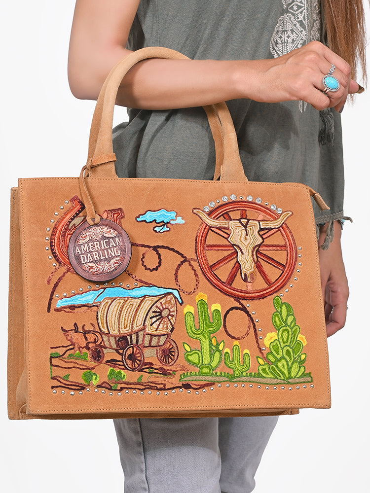 American Darling Women's Tan Western Embroidered Suede Tote Bag with Covered Wagon Desert Artwork Boutique Handbag