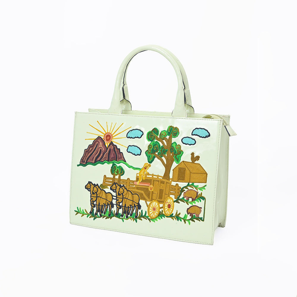 American Darling Pastel Mint Embroidered Scenic Country Tote Bag | Vintage Farm Purse