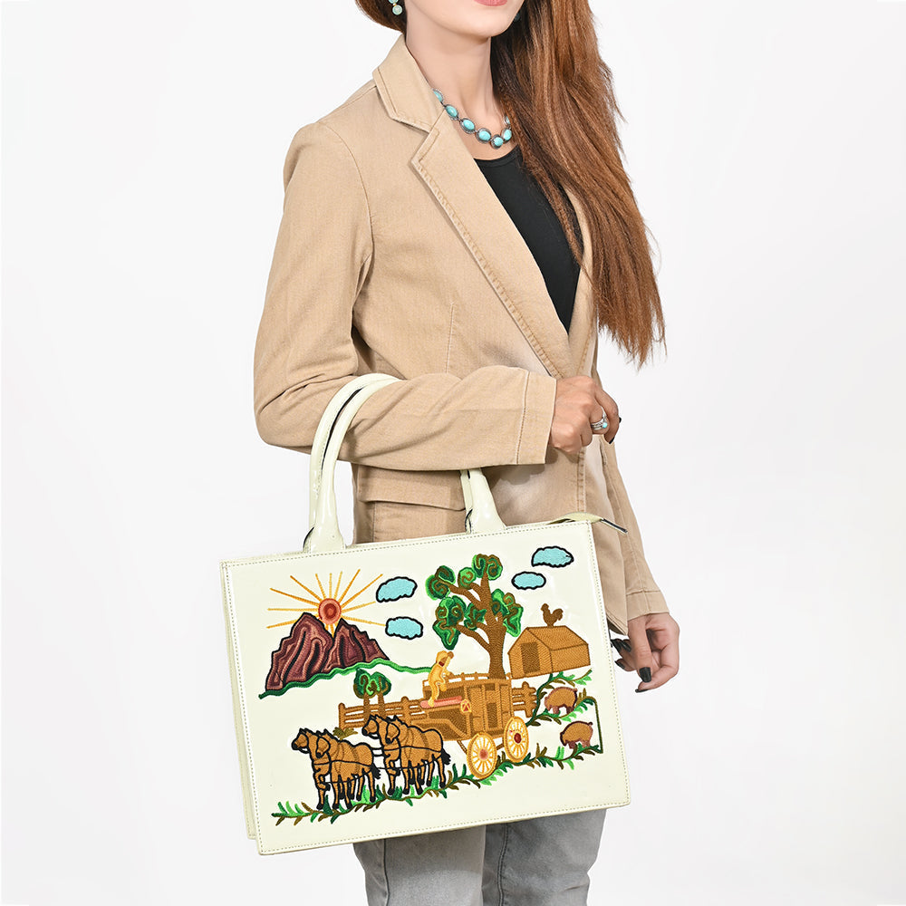 American Darling Pastel Mint Embroidered Scenic Country Tote Bag | Vintage Farm Purse