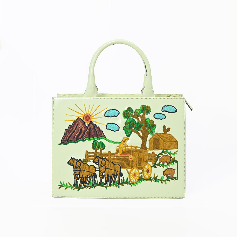 American Darling Pastel Mint Embroidered Scenic Country Tote Bag | Vintage Farm Purse