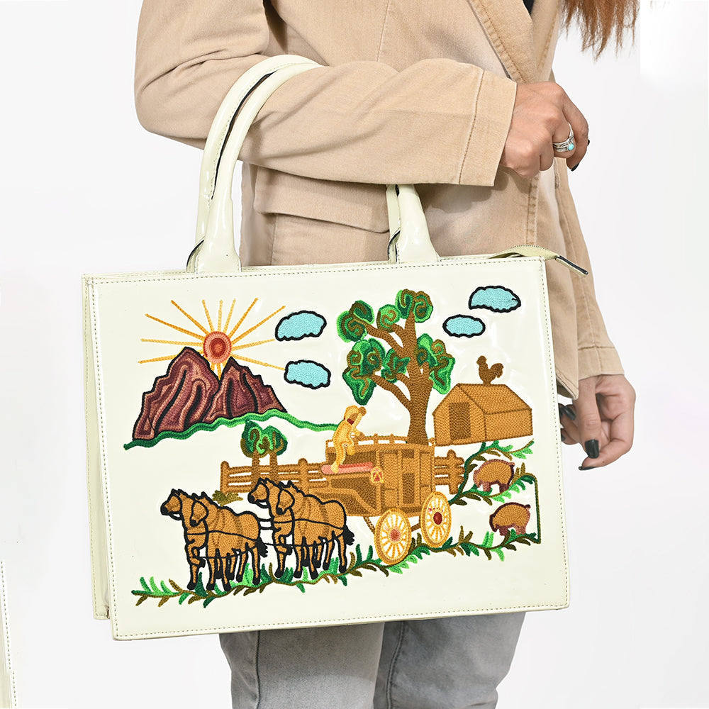 American Darling Pastel Mint Embroidered Scenic Country Tote Bag | Vintage Farm Purse