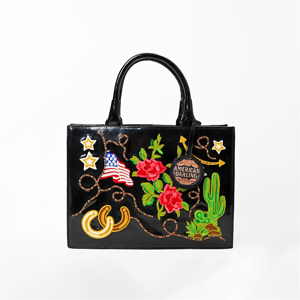 American Darling Women's Western Patent Leather Tote Handbag, Embroidered Floral Cactus Horseshoe USA Flag Purse