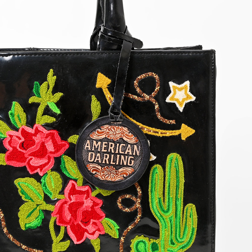 American Darling Women's Western Patent Leather Tote Handbag, Embroidered Floral Cactus Horseshoe USA Flag Purse