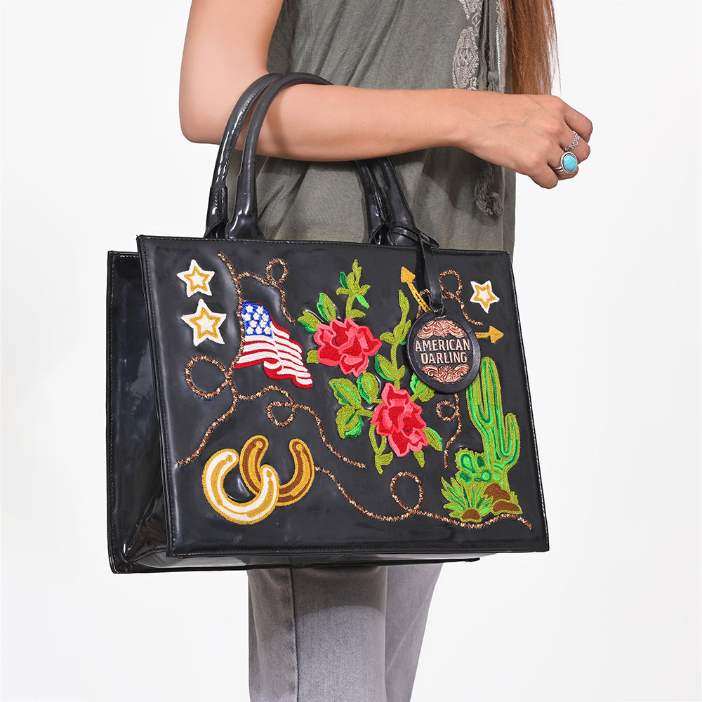 American Darling Women's Western Patent Leather Tote Handbag, Embroidered Floral Cactus Horseshoe USA Flag Purse