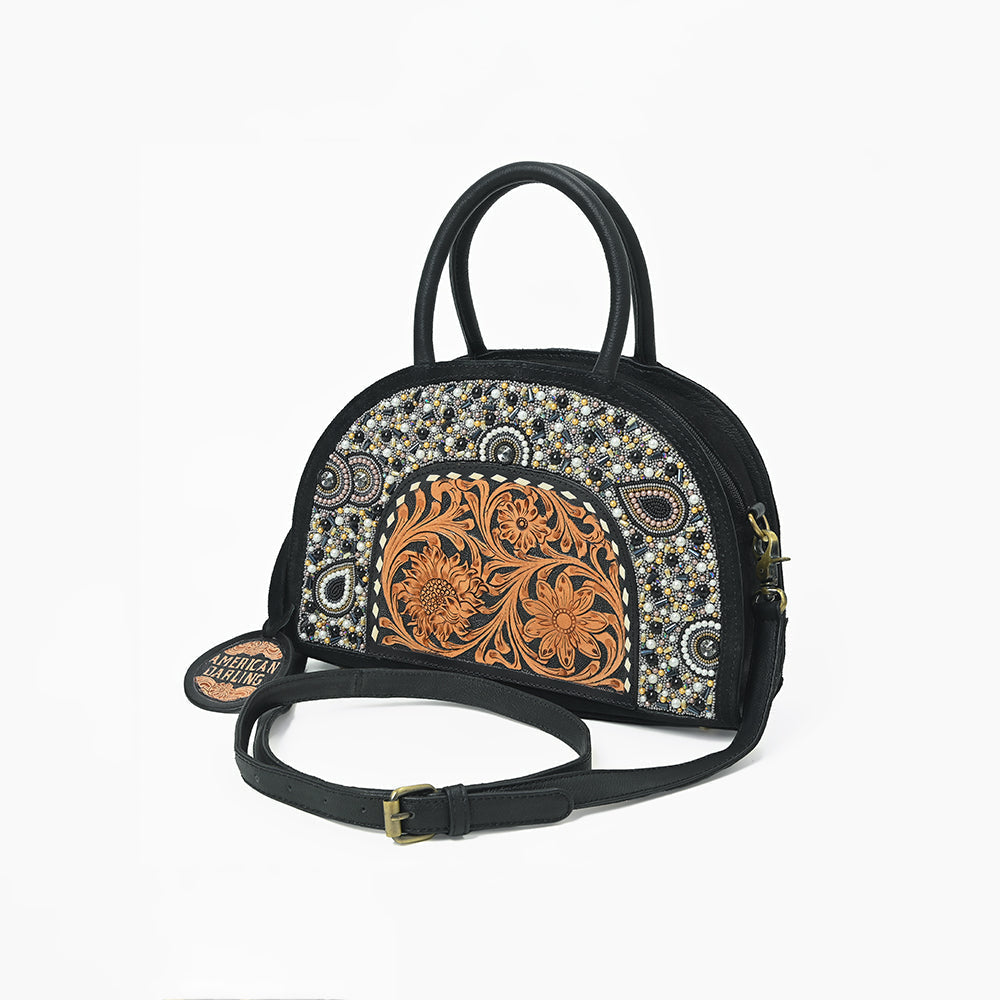 American Darling Black Beaded Half-Moon Bag with Tooled Leather Accent