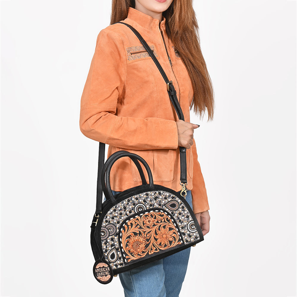 American Darling Black Beaded Half-Moon Bag with Tooled Leather Accent
