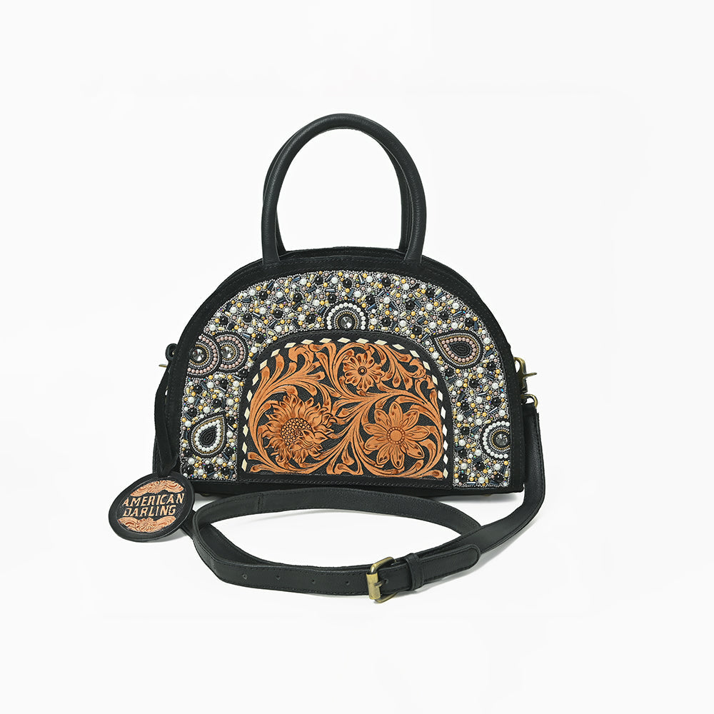 American Darling Black Beaded Half-Moon Bag with Tooled Leather Accent