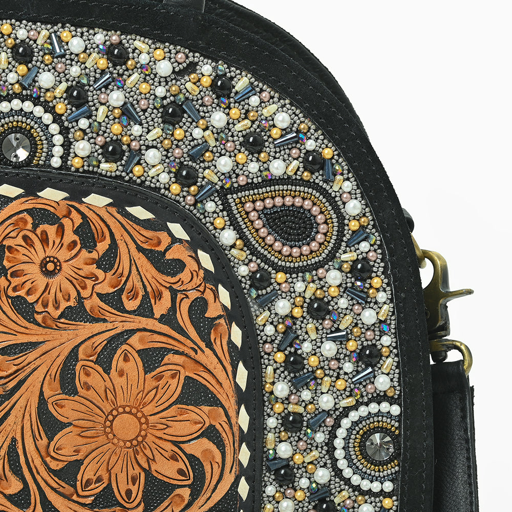 American Darling Black Beaded Half-Moon Bag with Tooled Leather Accent