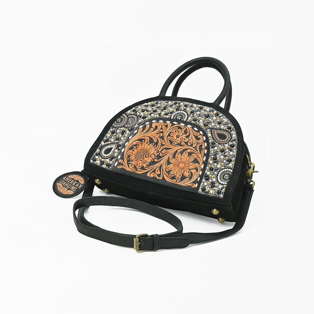 American Darling Black Beaded Half-Moon Bag with Tooled Leather Accent