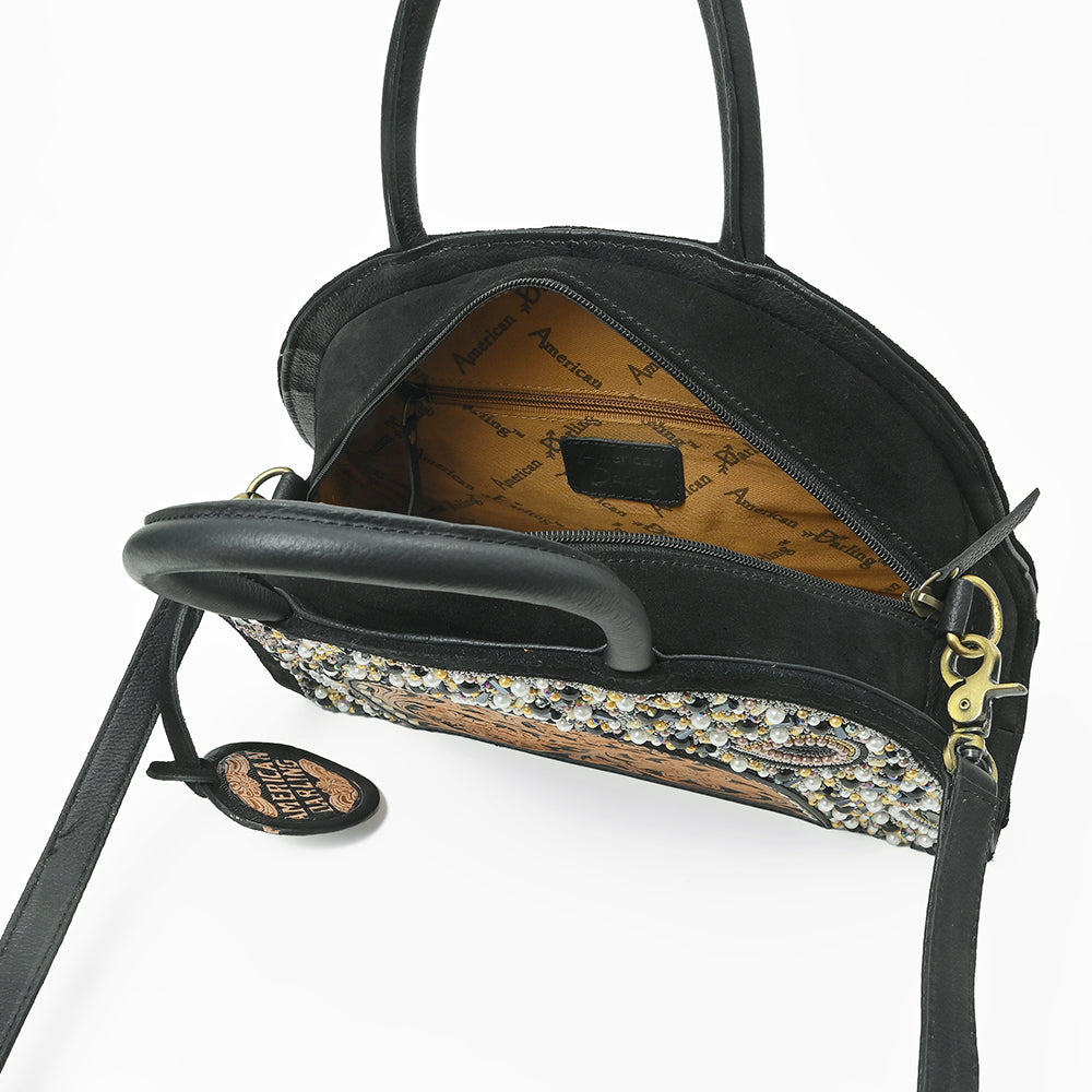 American Darling Black Beaded Half-Moon Bag with Tooled Leather Accent