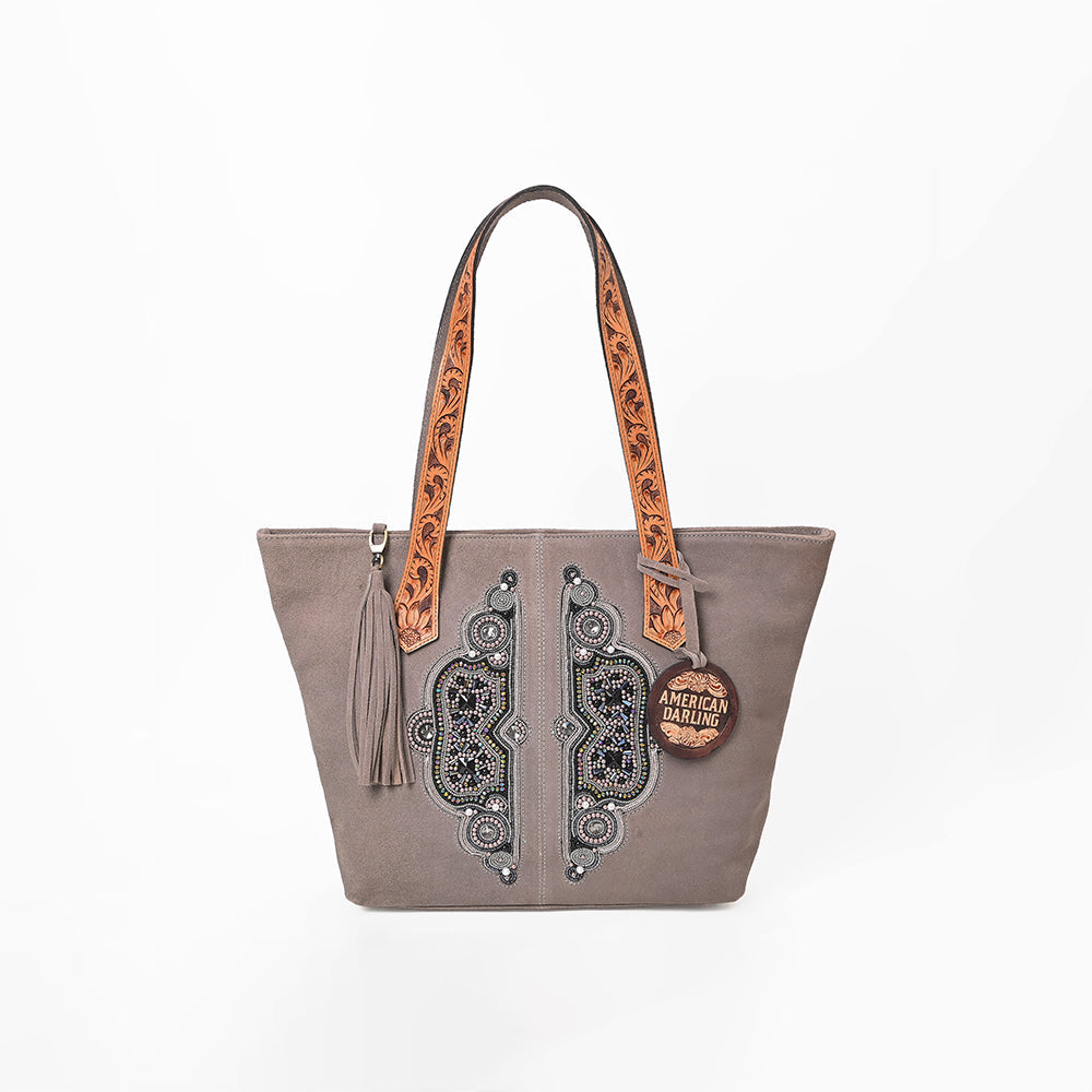 American Darling Women's Western Suede Tote Bag with Hand Tooled Leather Shoulder Straps, Embellished Front Panel, Tassel Accent