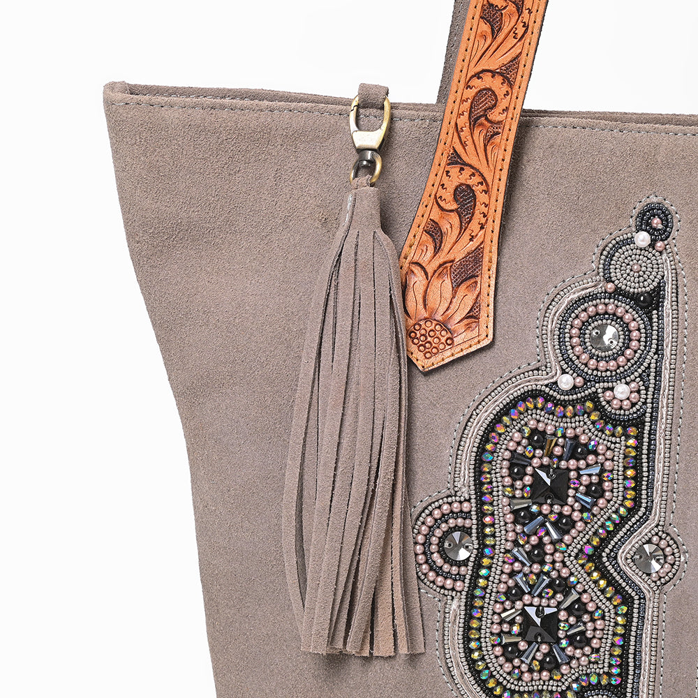American Darling Women's Western Suede Tote Bag with Hand Tooled Leather Shoulder Straps, Embellished Front Panel, Tassel Accent