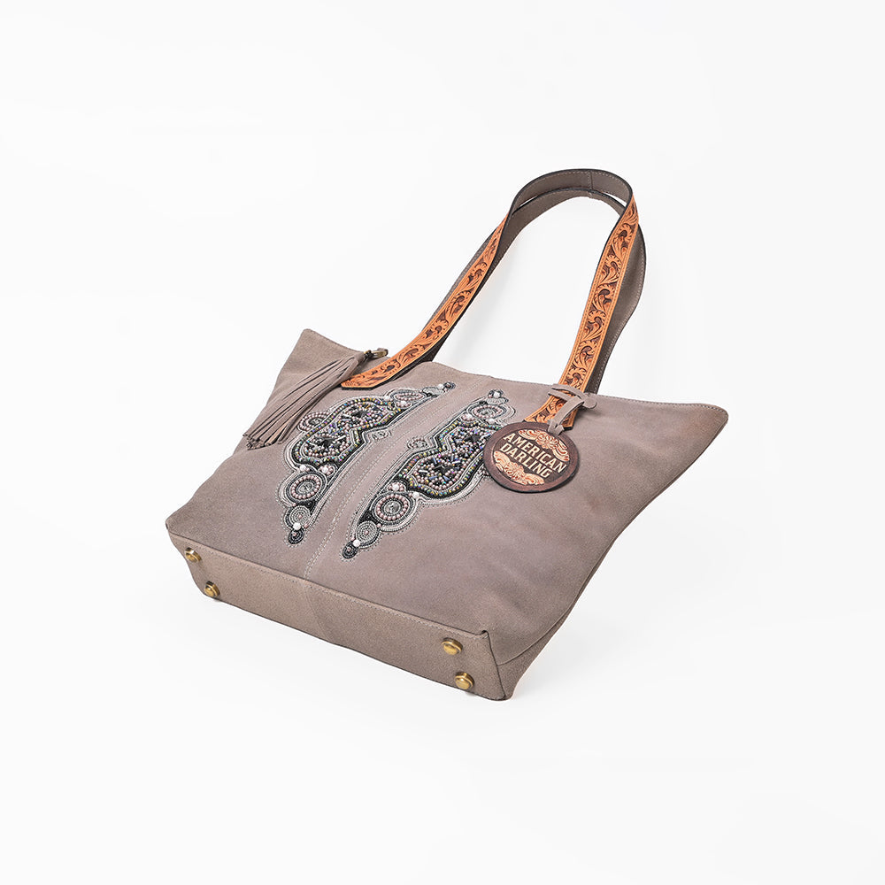 American Darling Women's Western Suede Tote Bag with Hand Tooled Leather Shoulder Straps, Embellished Front Panel, Tassel Accent