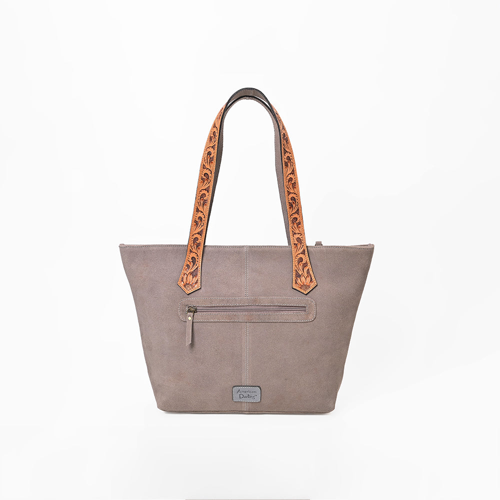 American Darling Women's Western Suede Tote Bag with Hand Tooled Leather Shoulder Straps, Embellished Front Panel, Tassel Accent