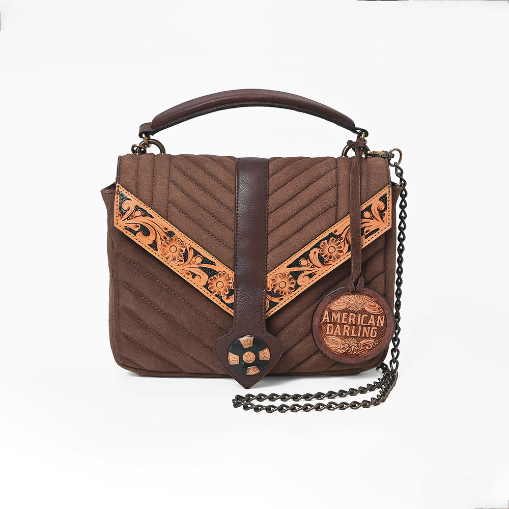 American Darling Women's Western Quilted Suede Crossbody Purse with Tooled Leather Trim, Chain Strap, Top Handle