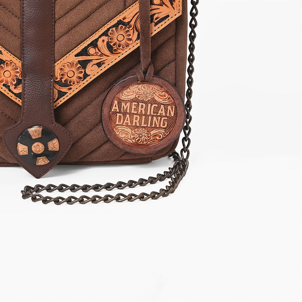 American Darling Women's Western Quilted Suede Crossbody Purse with Tooled Leather Trim, Chain Strap, Top Handle