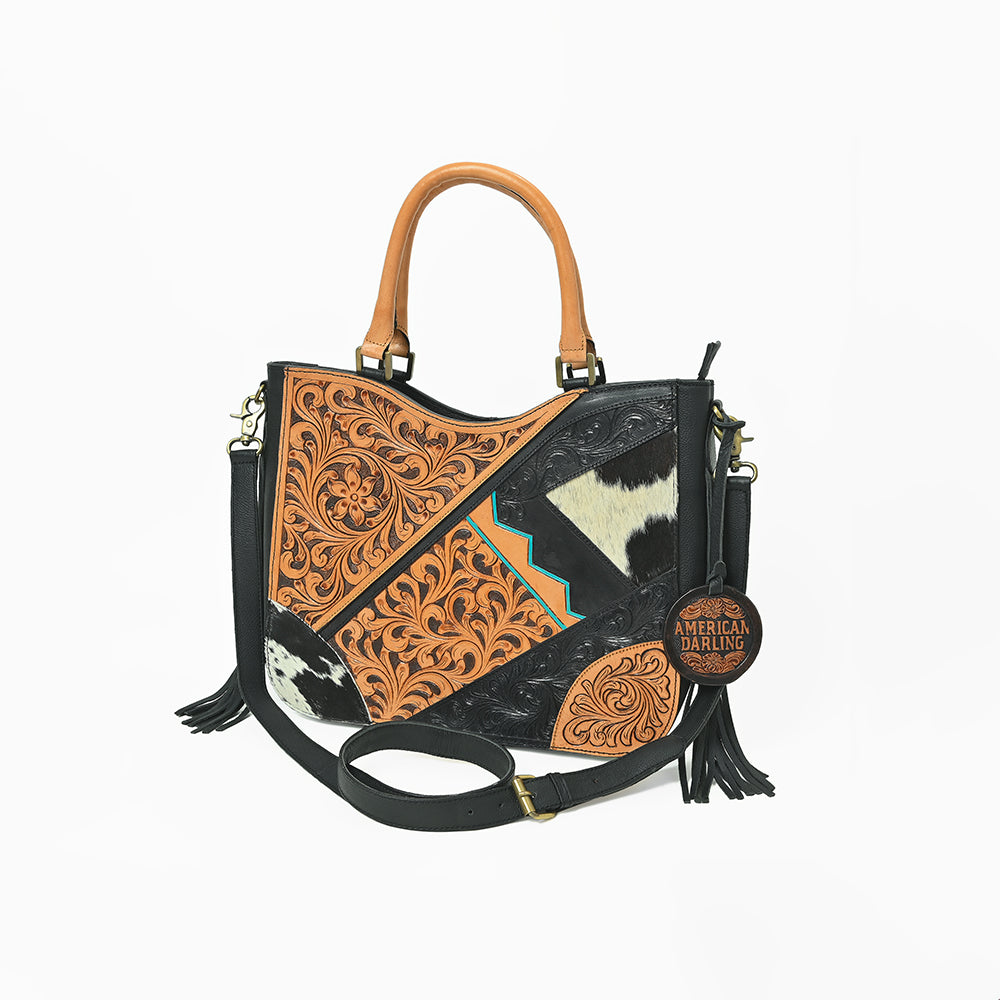 Western Hand-Tooled Leather Shoulder Bag with Hair-On Panels & Fringe – Premium Crossbody Handbag