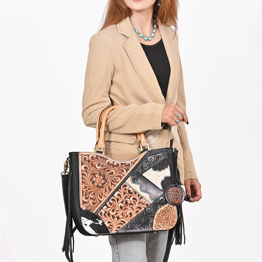 Western Hand-Tooled Leather Shoulder Bag with Hair-On Panels & Fringe – Premium Crossbody Handbag
