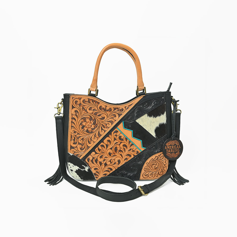 Western Hand-Tooled Leather Shoulder Bag with Hair-On Panels & Fringe – Premium Crossbody Handbag