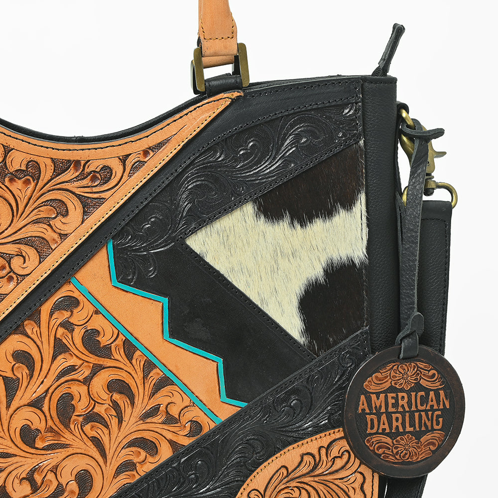Western Hand-Tooled Leather Shoulder Bag with Hair-On Panels & Fringe – Premium Crossbody Handbag