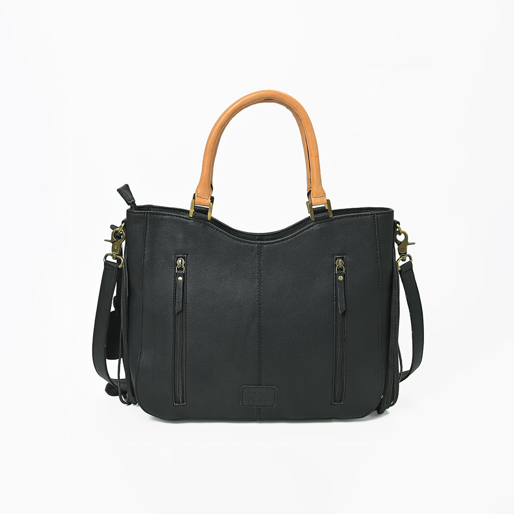 Western Hand-Tooled Leather Shoulder Bag with Hair-On Panels & Fringe – Premium Crossbody Handbag