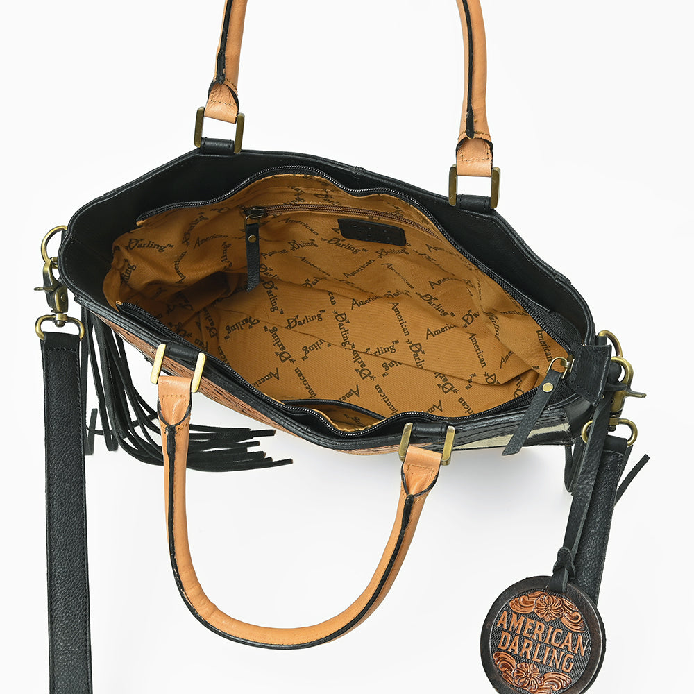 Western Hand-Tooled Leather Shoulder Bag with Hair-On Panels & Fringe – Premium Crossbody Handbag
