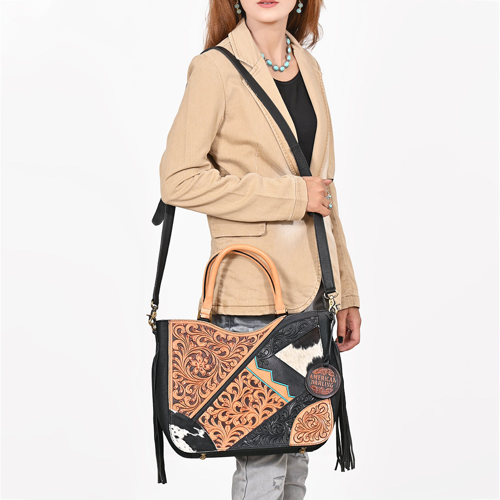 Western Hand-Tooled Leather Shoulder Bag with Hair-On Panels & Fringe – Premium Crossbody Handbag