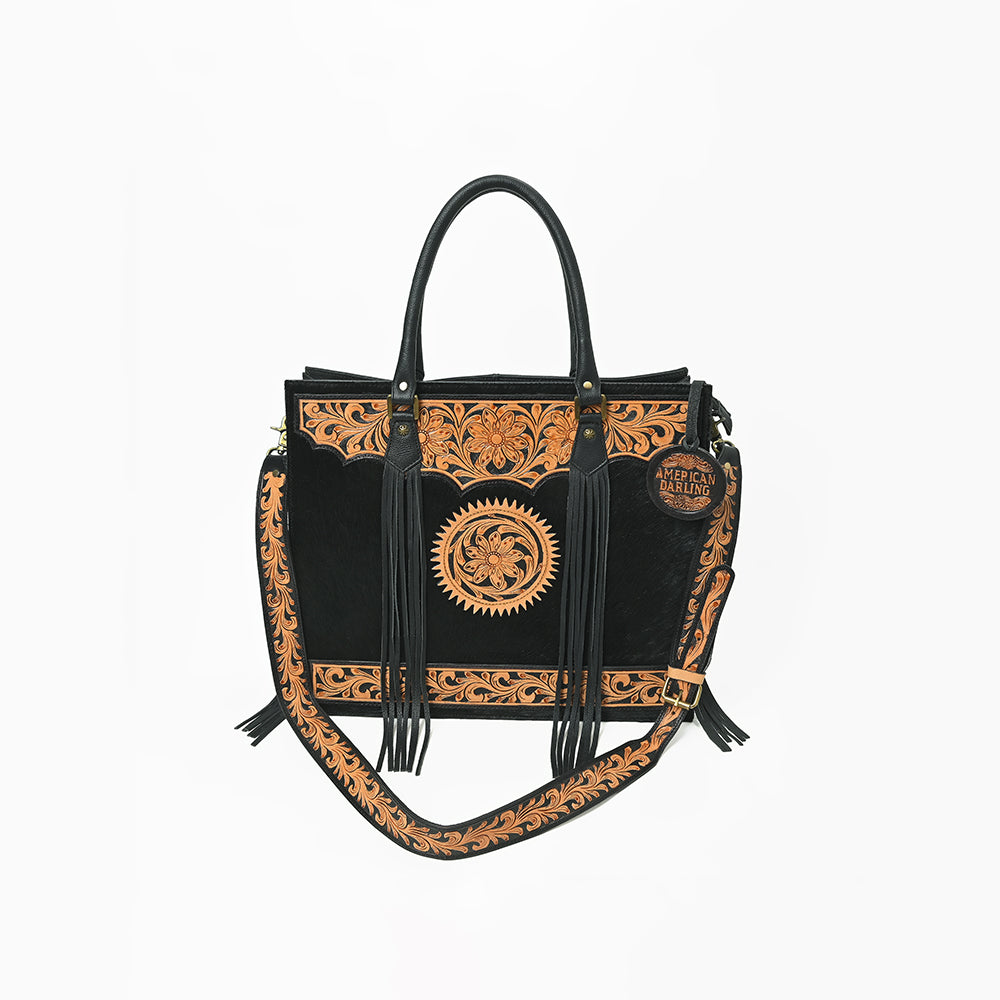 American Darling Black Fringe Tote Bag with Floral Tooled Leather