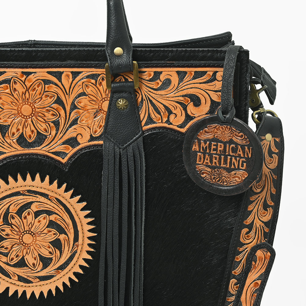 American Darling Black Fringe Tote Bag with Floral Tooled Leather
