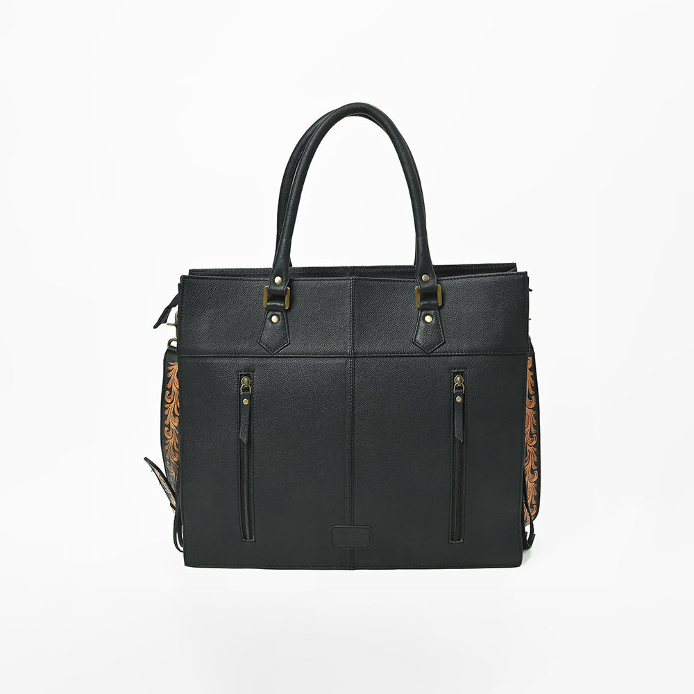 American Darling Black Fringe Tote Bag with Floral Tooled Leather