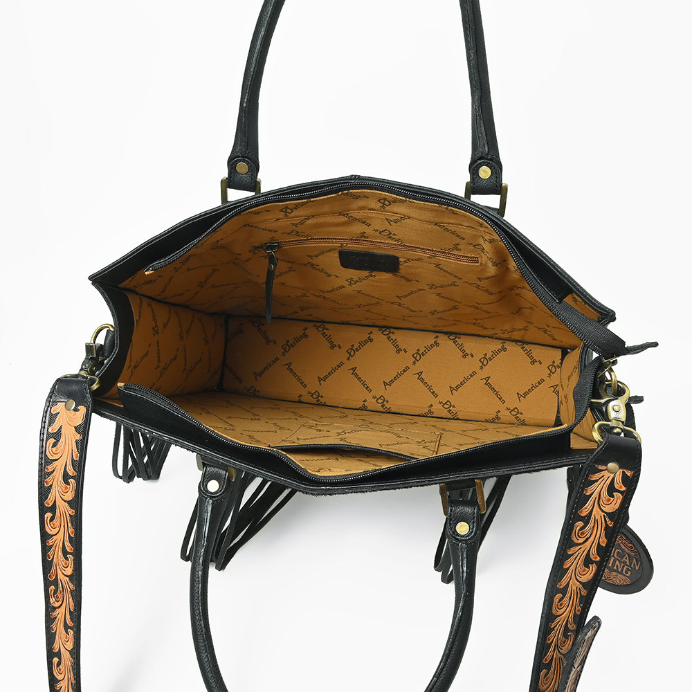 American Darling Black Fringe Tote Bag with Floral Tooled Leather