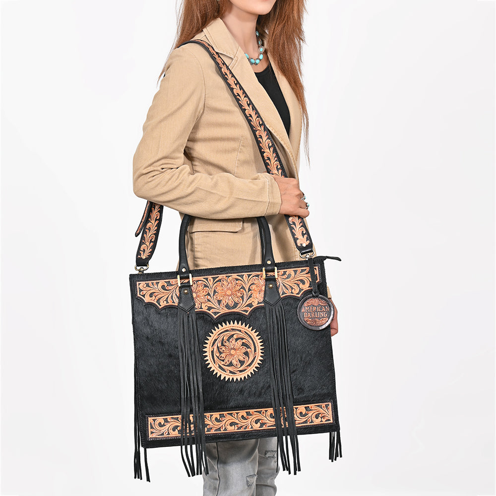 American Darling Black Fringe Tote Bag with Floral Tooled Leather