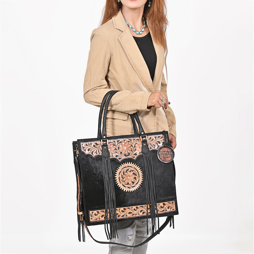 American Darling Black Fringe Tote Bag with Floral Tooled Leather