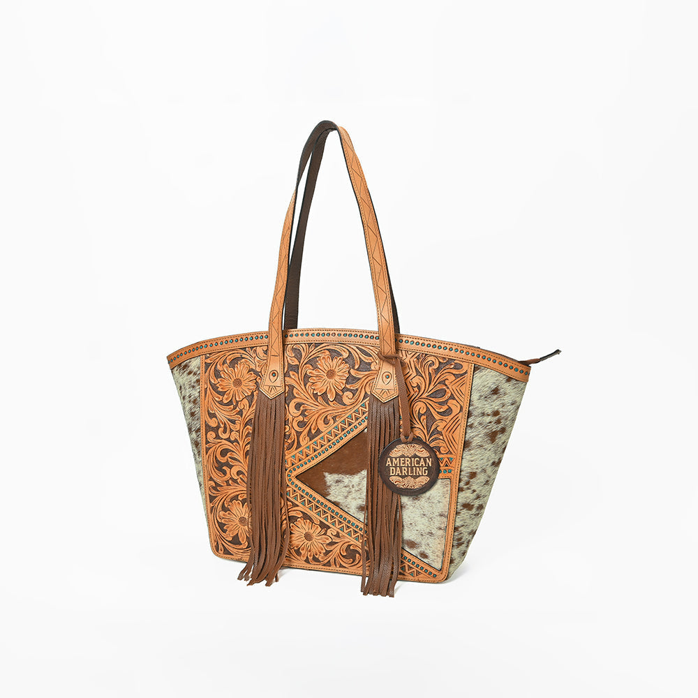 American Darling Cowhide & Floral Tooled Leather Fringe Tote Bag