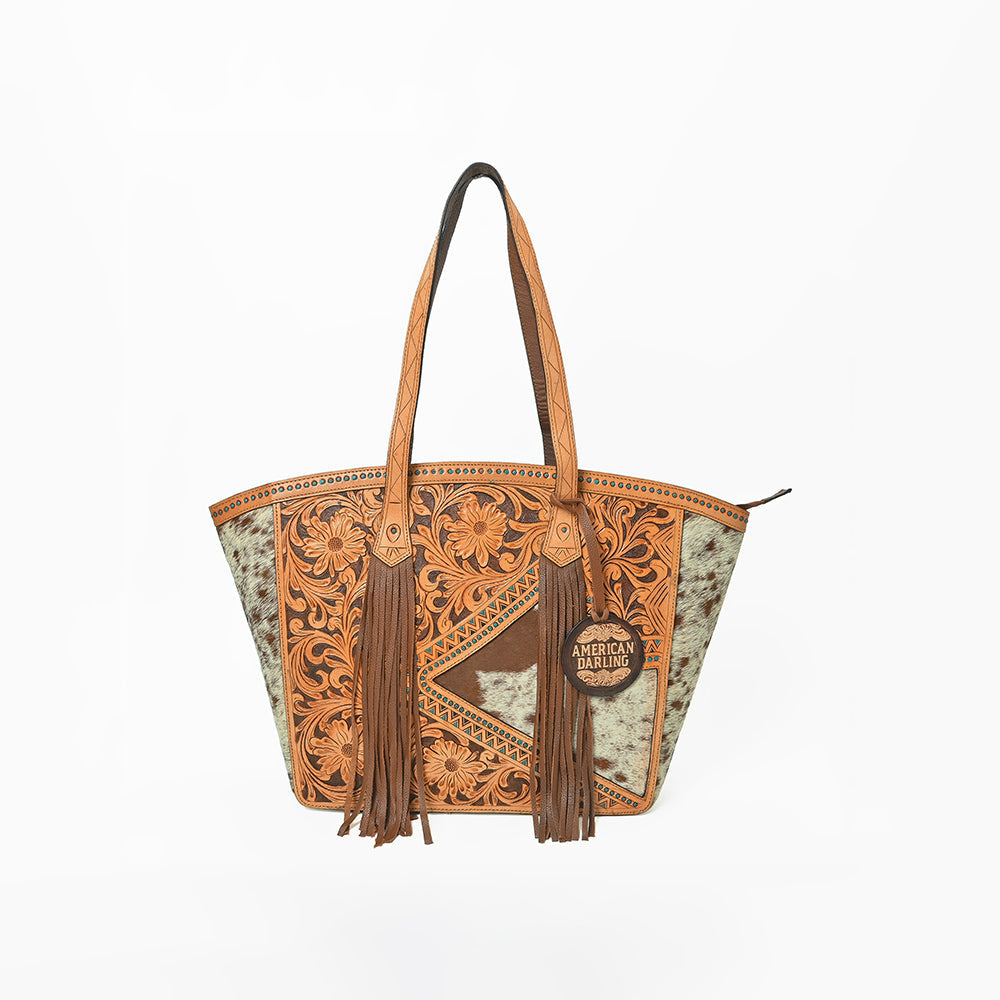 American Darling Cowhide & Floral Tooled Leather Fringe Tote Bag