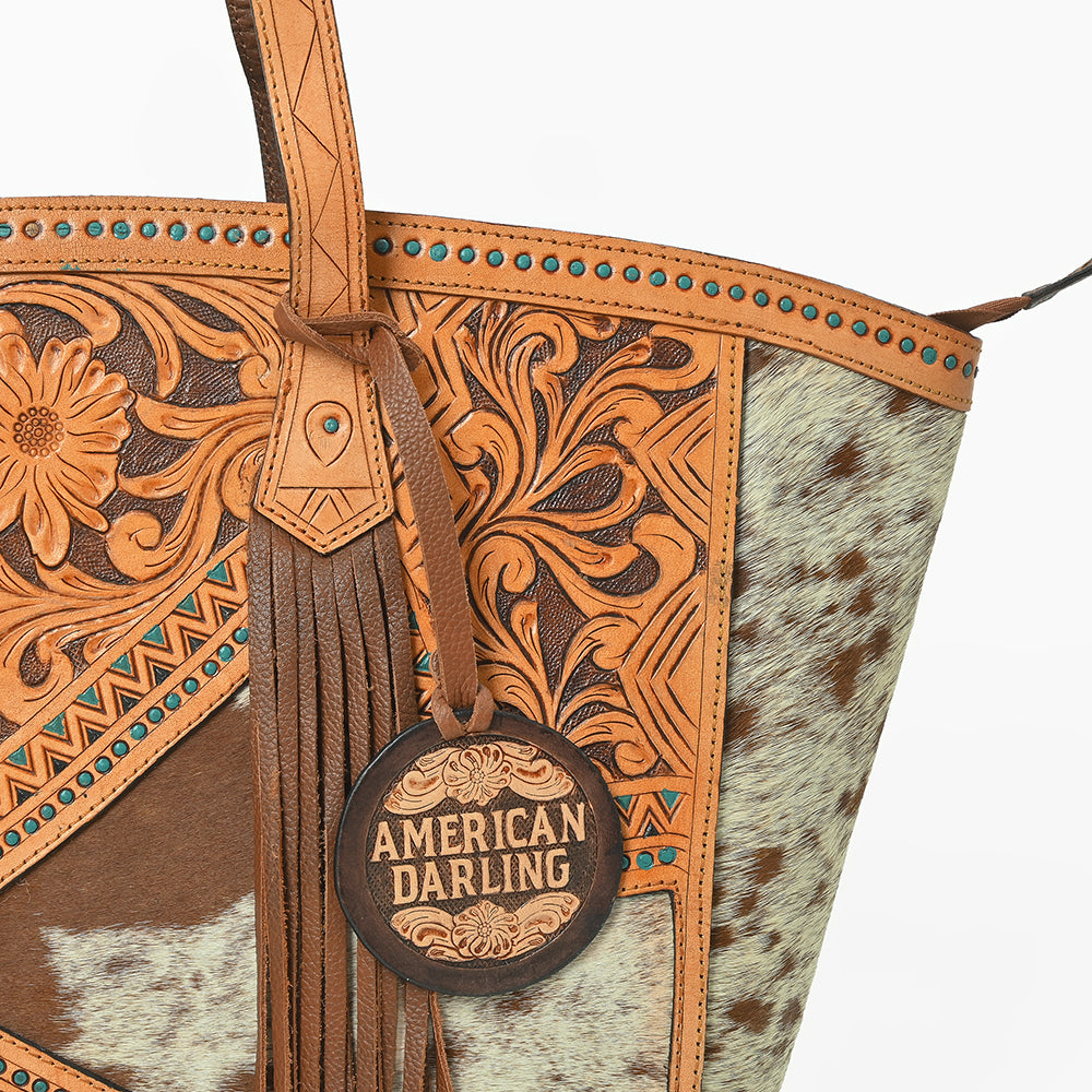 American Darling Cowhide & Floral Tooled Leather Fringe Tote Bag