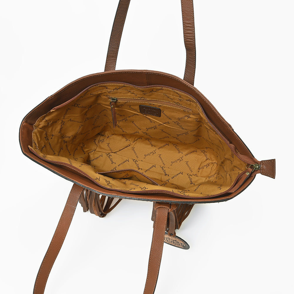 American Darling Cowhide & Floral Tooled Leather Fringe Tote Bag