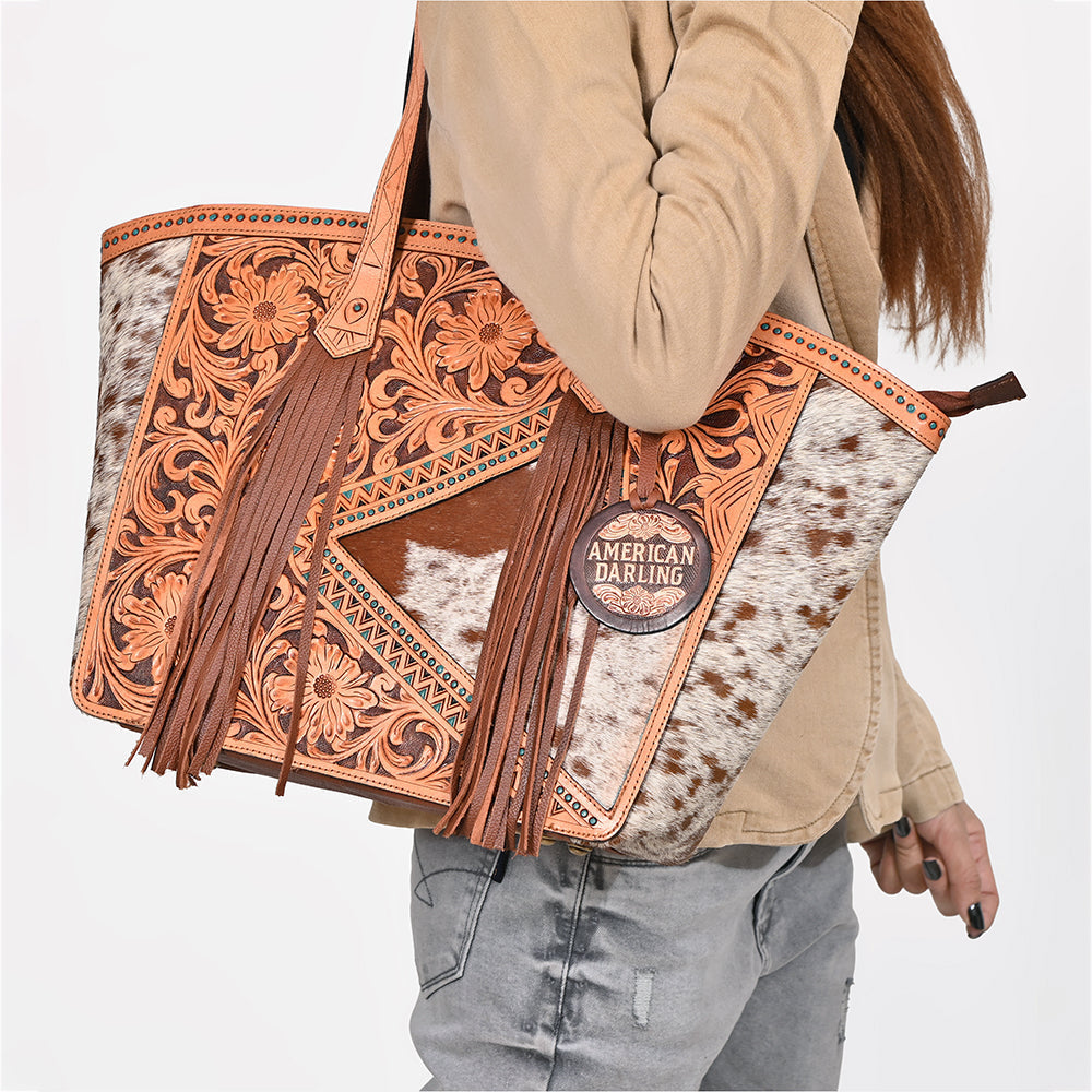 American Darling Cowhide & Floral Tooled Leather Fringe Tote Bag