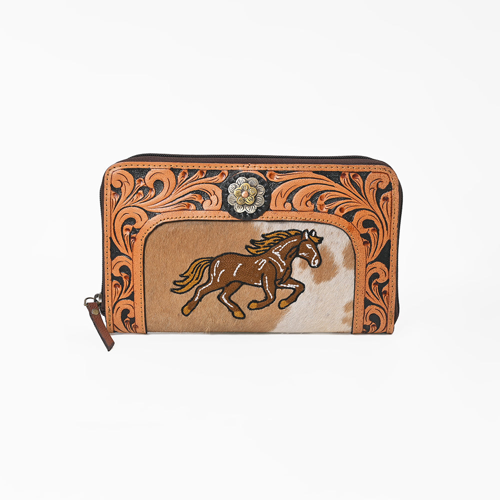 American Darling Western Cowhide Wallet – Hand Tooled Leather Clutch with Running Horse & Floral Concho