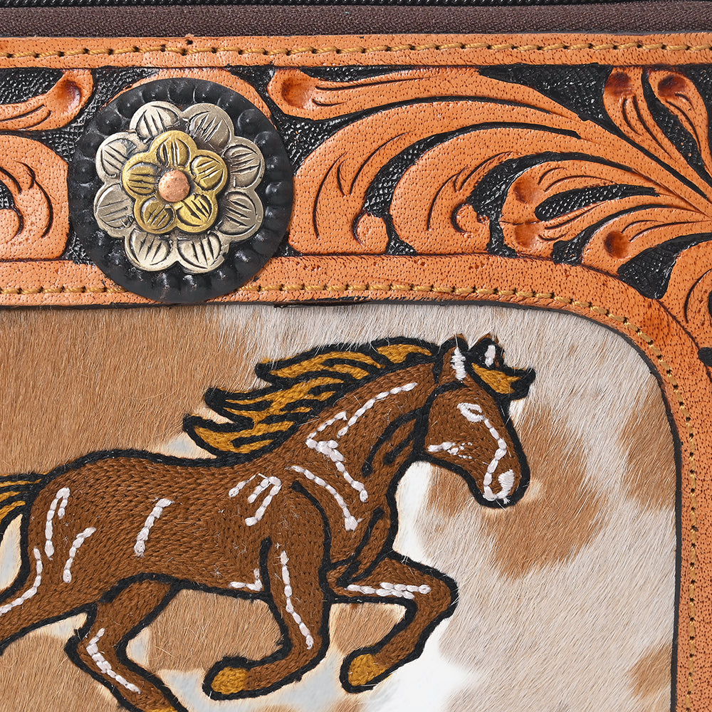 American Darling Western Cowhide Wallet – Hand Tooled Leather Clutch with Running Horse & Floral Concho