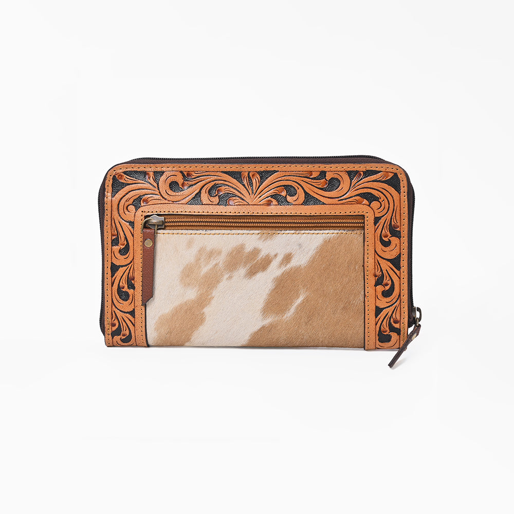 American Darling Western Cowhide Wallet – Hand Tooled Leather Clutch with Running Horse & Floral Concho