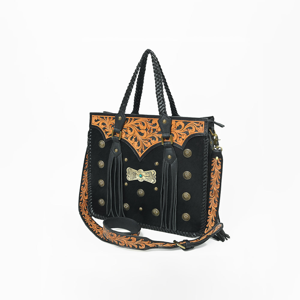 American Darling Western Tooled Leather Tote Bag for Women – Black Hand-Tooled Handbag