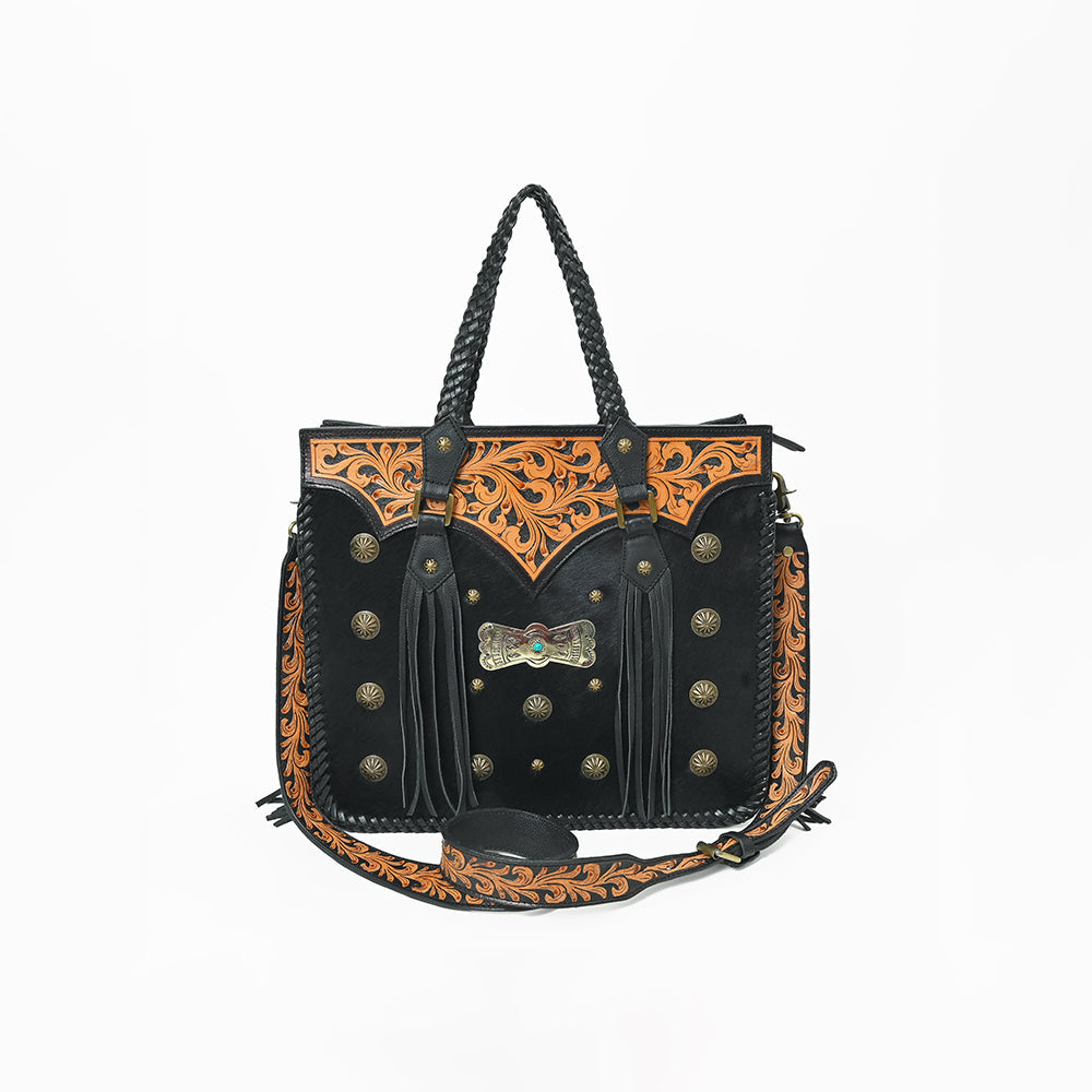 American Darling Western Tooled Leather Tote Bag for Women – Black Hand-Tooled Handbag