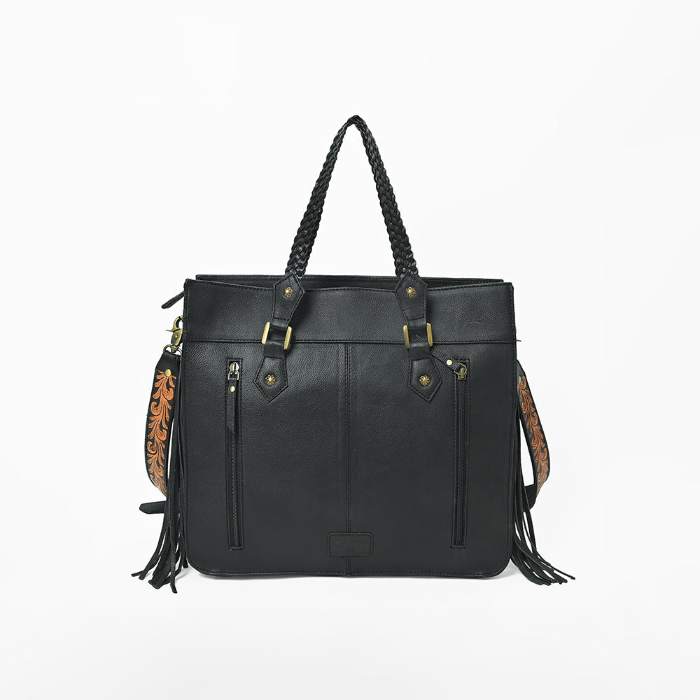American Darling Western Tooled Leather Tote Bag for Women – Black Hand-Tooled Handbag