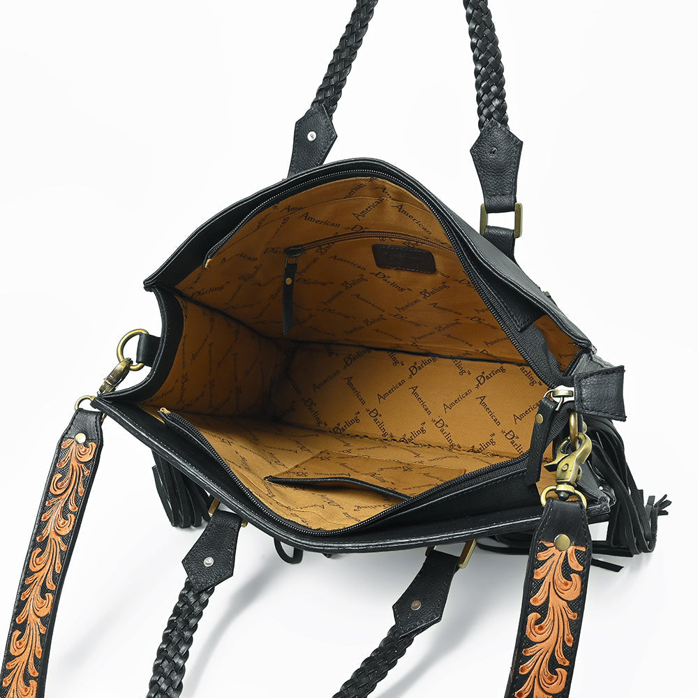 American Darling Western Tooled Leather Tote Bag for Women – Black Hand-Tooled Handbag