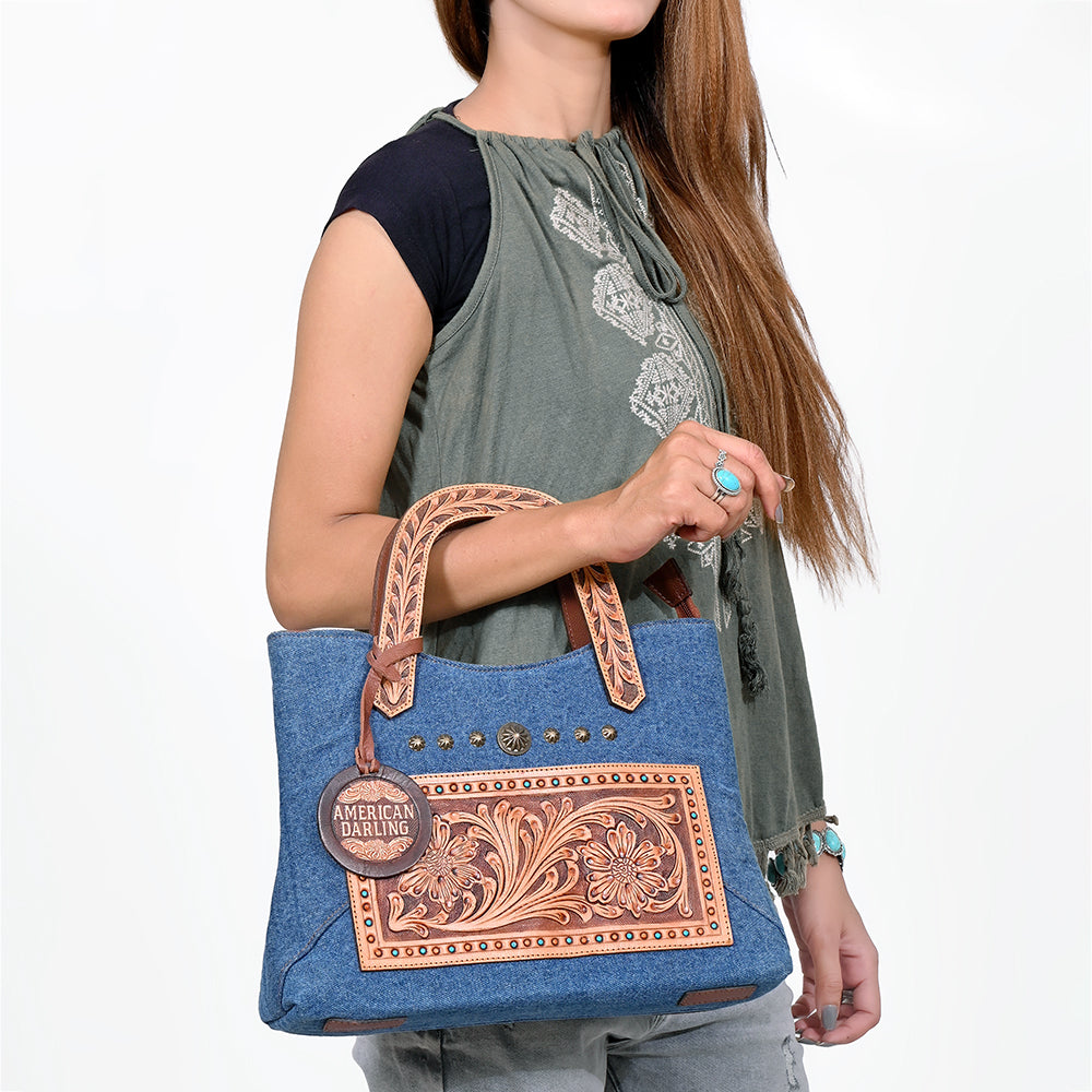 American Darling Blue Denim & Tooled Leather Western Handbag with Turquoise Studs