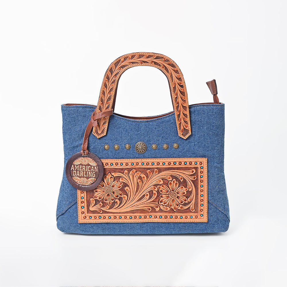 American Darling Blue Denim & Tooled Leather Western Handbag with Turquoise Studs